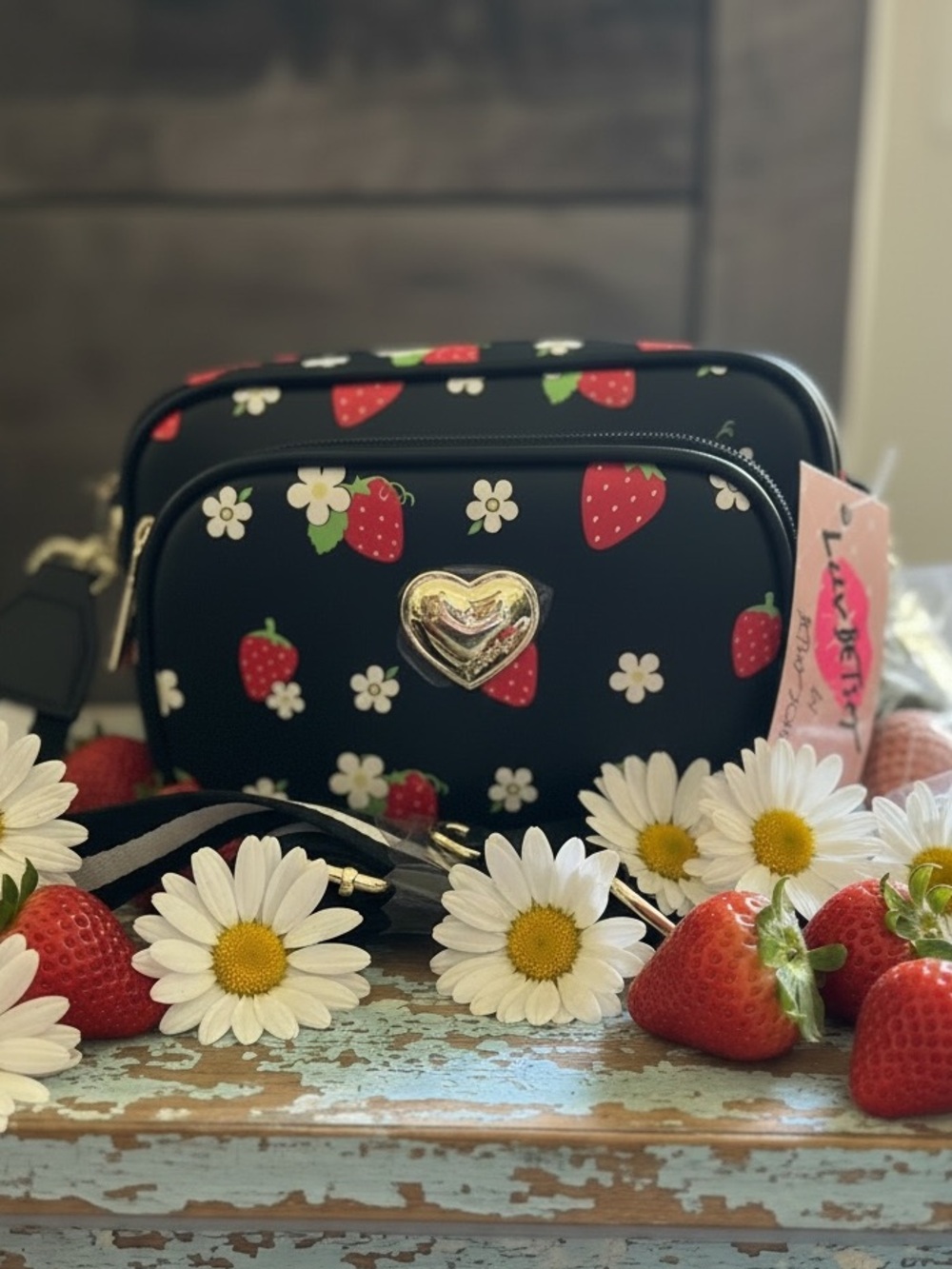 Betsey Johnson Black Strawberry / Daisy Print Crossbody/ Camera Bag with Gold